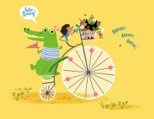 A hedgehog, Alligator, and Black Cat taking a ride on a Penny Farthing.